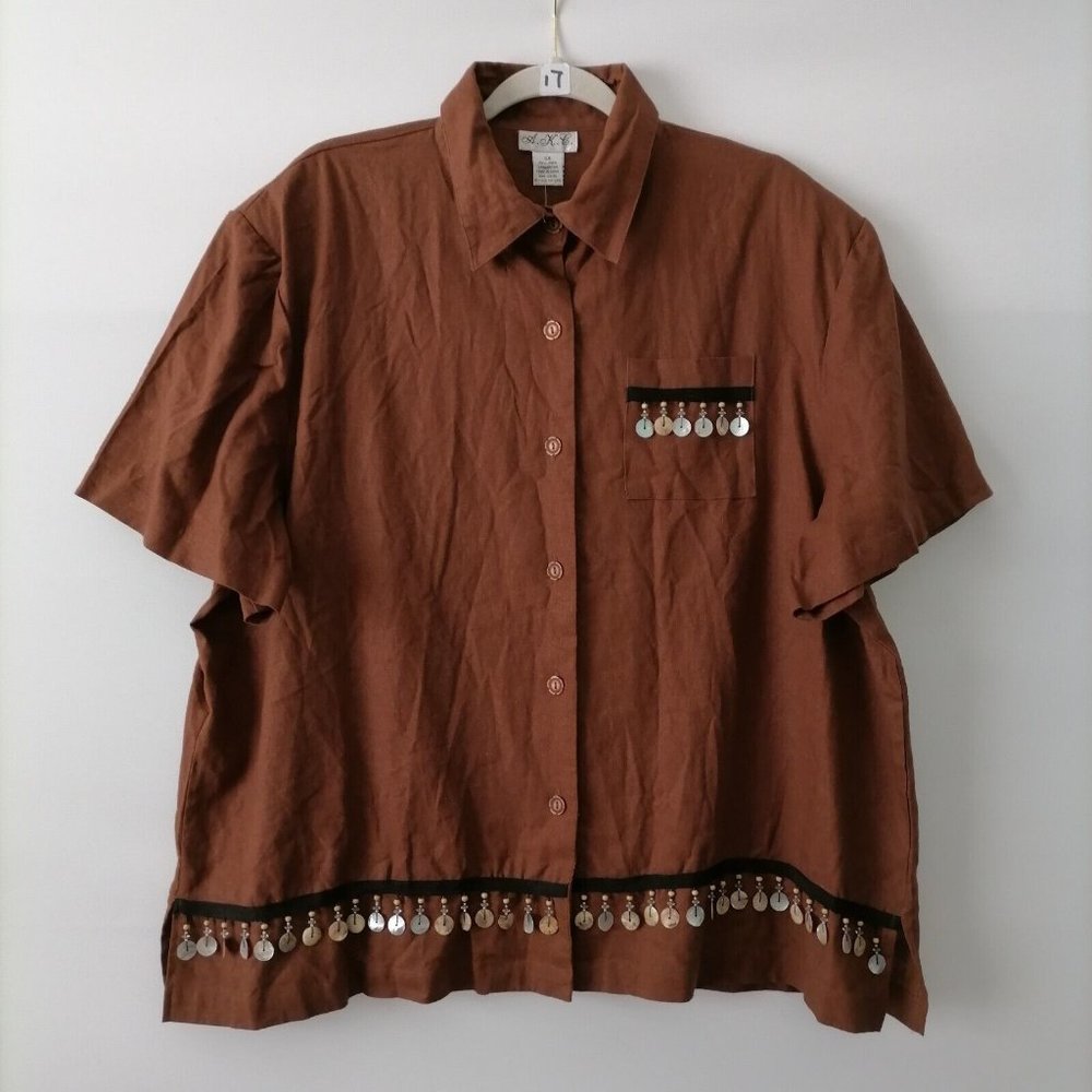 NWT A. K. E. Womens Brn Brown Collared Sequin Beaded Lace Button Up Shirt Sz 5X